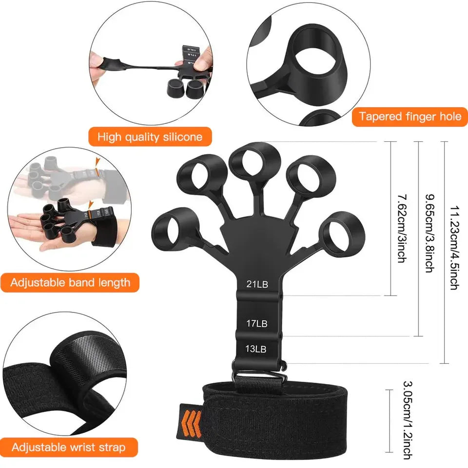 Fitness Silicone Hand Grip trainer  shown Black Colour Details High quality silicone, Adjustable band, adjustable wrist strap, Tapering finger hole. Sizes and strength in pounds (13,17 21)
