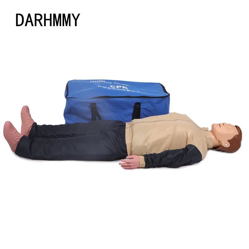 Medical Health Care CPR Simulator & Artificial Respiration Training Dummy Picture of Darhmmy Dummy and the big blue storage bag.