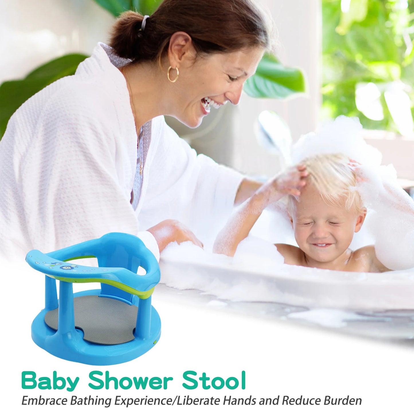 Baby care products Baby Bath Chair Safe Anti-slip Blue-Yellow Colour Mum play with her baby using the chair
