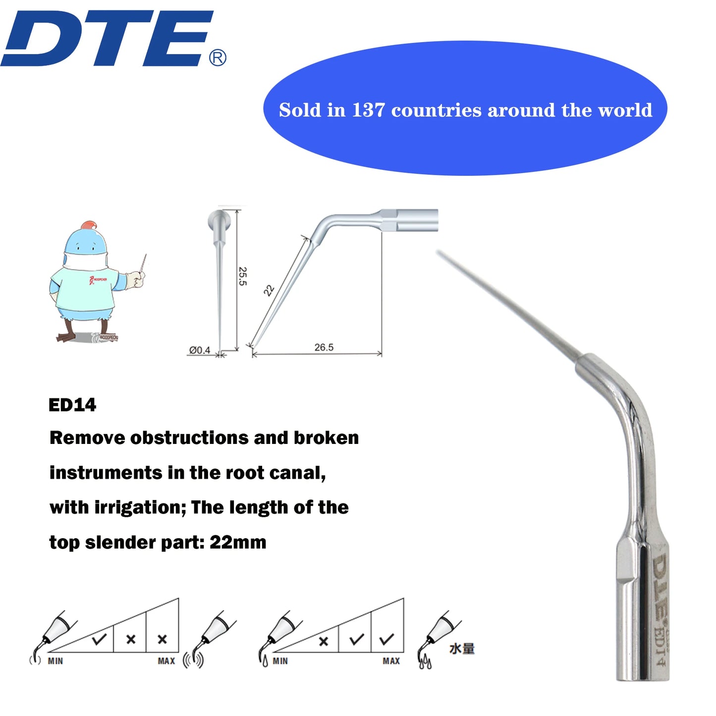 Dentistry Supplies & Equipment Woodpecker DTE Ultrasonic Scaler - Set Tips ED14 series piece offers sizes and details