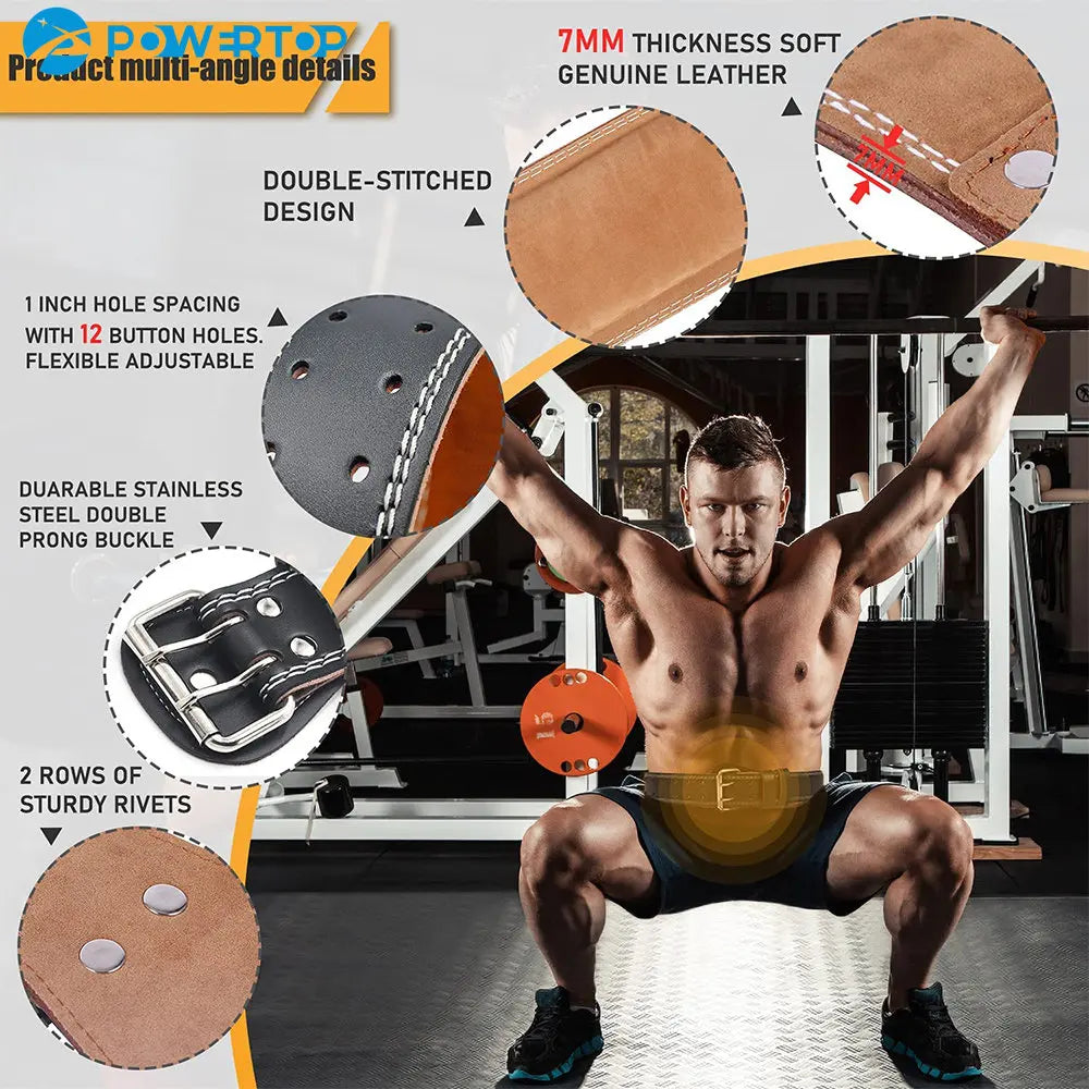 Fitness Adjustable Unisex Weightlifting Leather Waist Brace Belt Product multi-angle details Double-stitched design 7 mm thickness soft leather, durable stainless steel buckle