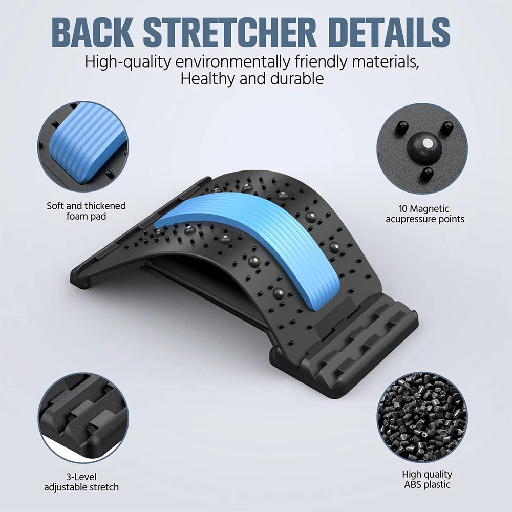 Fitness Back Stretcher Massage Blue Colour Details Soft and Thickened foam pad, 3 level adjustable, High quality ABS plastic, 10 magnetic acupressure points