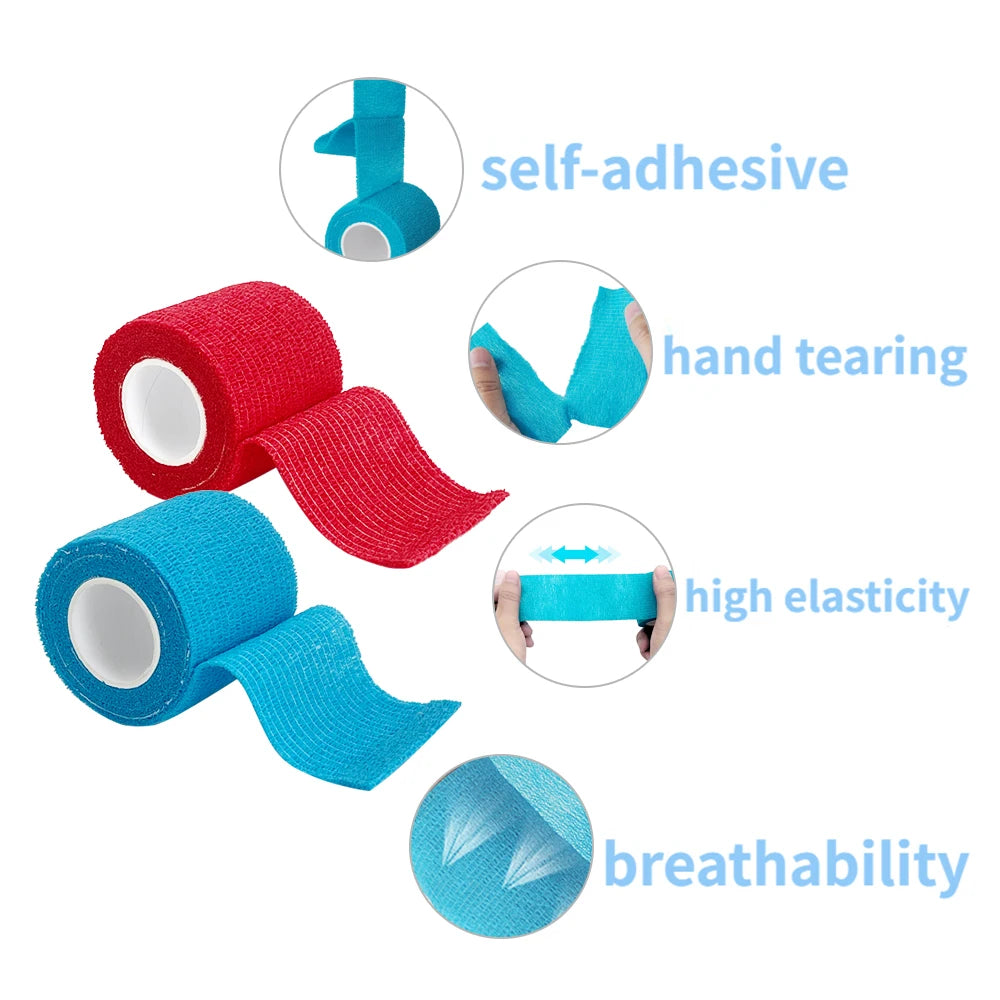 Fitness Colourful Athletic Wrap Tape Self Adhesive Elastic Bandage (11 Colours) 2 tapes shown (1 red 1 blue) Benefits of the product, hand tearing, high elasticity and breathability