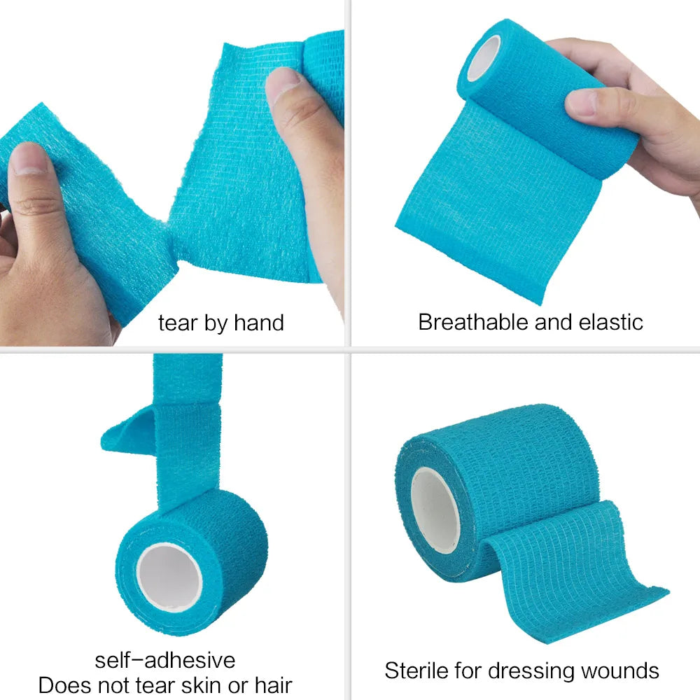 Fitness Colourful Athletic Wrap Tape Self Adhesive Elastic Bandage (11 Colours) 4 Pictures of a blue colour tape shown Benefits of the product, tear easy by hand, breathable and elastic, self-adhesive, sterile for dressing wounds