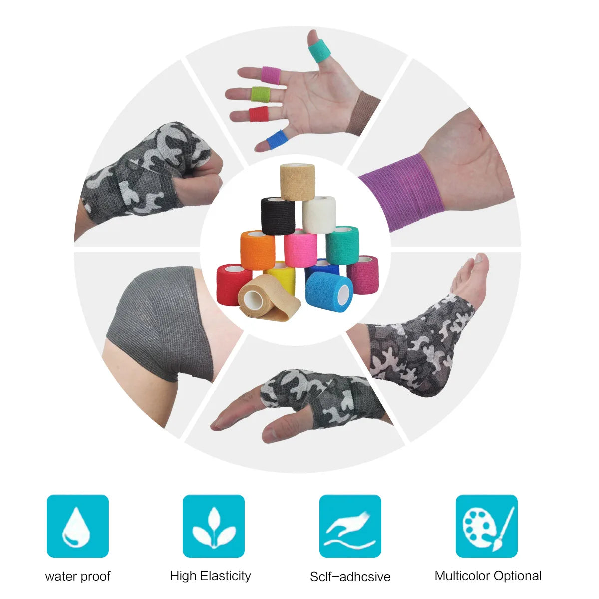 Fitness Colourful Athletic Wrap Tape Self Adhesive Elastic Bandage (11 Colours) Use Areas shown (6 pictures in circle) Fingers, wrist, foot, hand, knee 4 squares  Benefits (water proof, high elasticity, Self-adhesive, Multicolor Optional