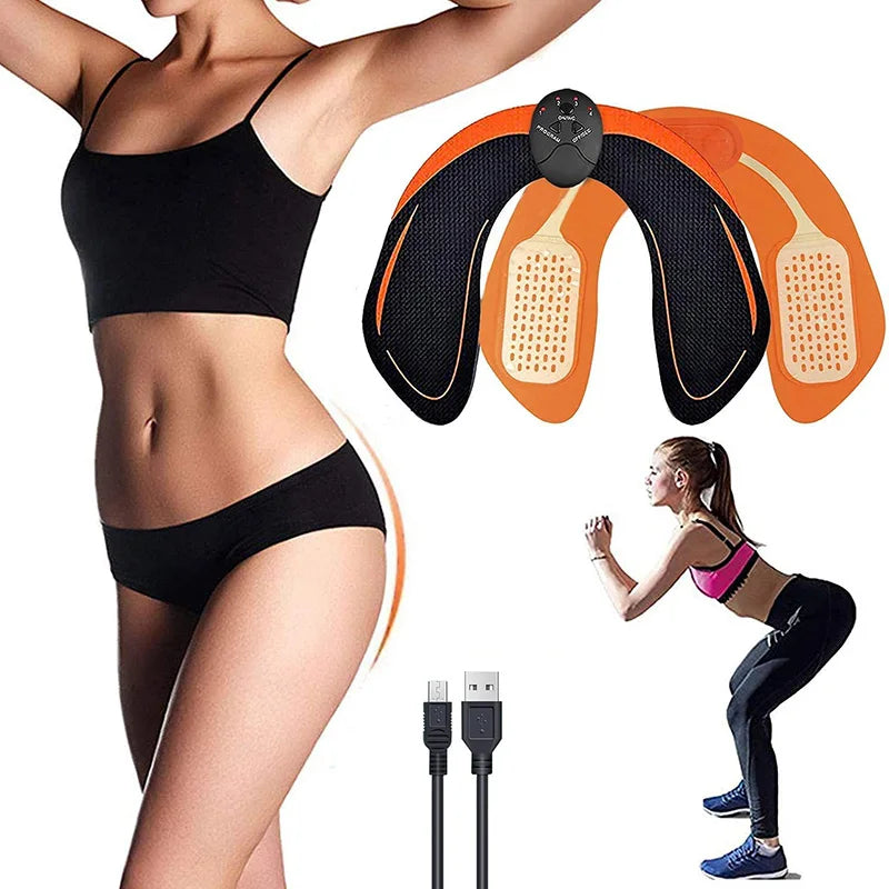 Fitness Electrical Muscle Stimulation USB Recharge Hip Trainer 1 piece  shown with usb Cable in use by a woman on her bumps