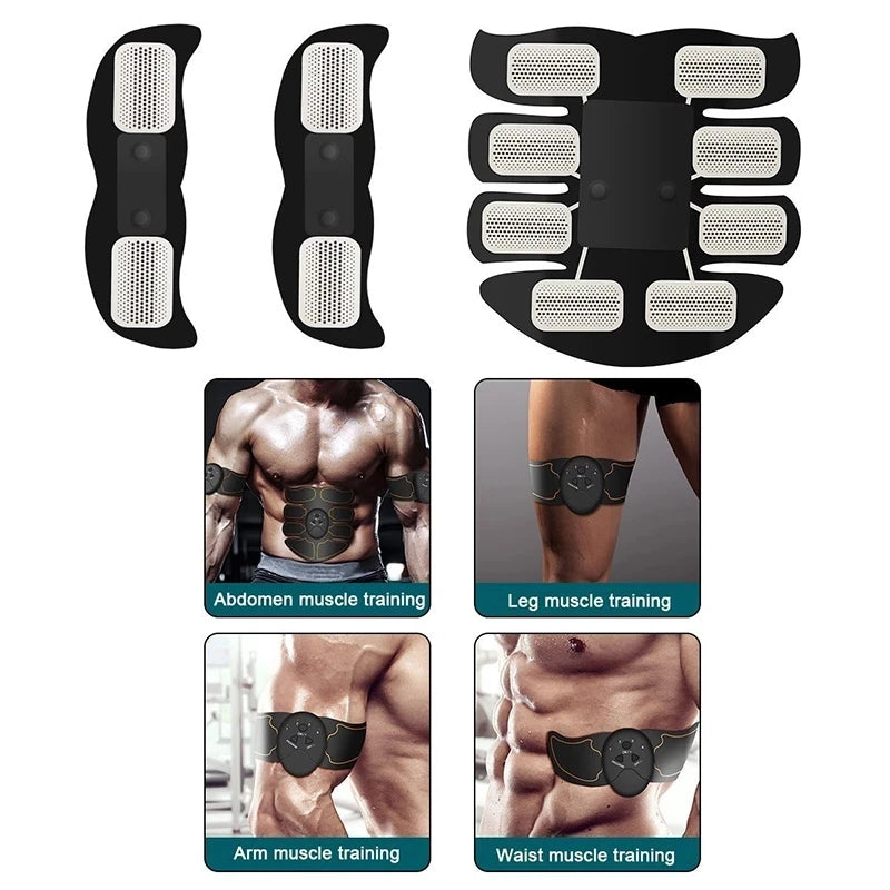 Fitness Electrical Muscle Stimulation USB Recharge Hip Trainer 3 pieces  shown with details of localisation of all pads and show which body area to use(leg, abdomen, arm, waist) 4 pictures of man use on each areas.