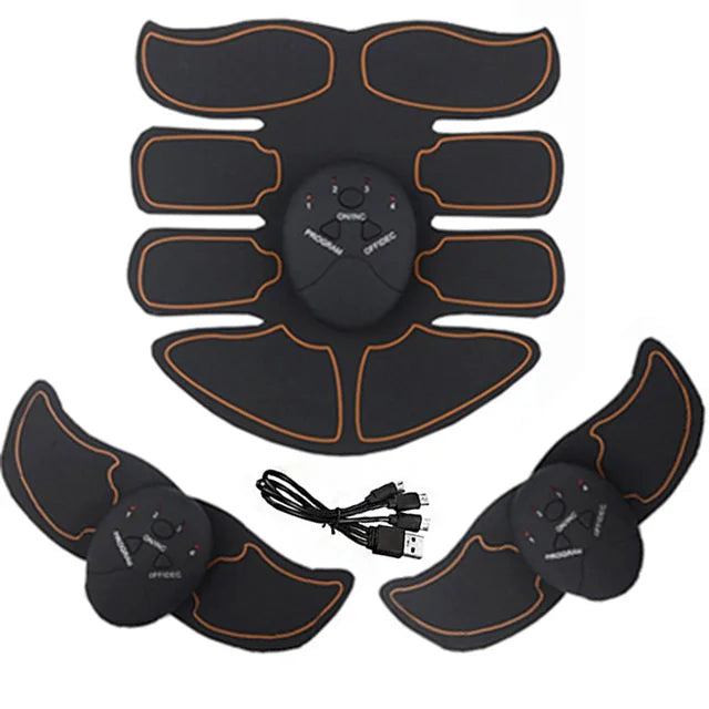 Fitness Electrical Muscle Stimulation USB Recharge Hip Trainer 7 pieces  shown ( 1 big pad for abdomen, 2 littles pads for leg or arm, usb cable and cables and 3 controls box)