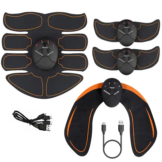 Fitness Electrical Muscle Stimulation USB Recharge Hip Trainer All 10 pieces  shown ( 1 big pad for abdomen, 2 littles pads, 1 back pad, usb cable, 4 controls box, cables)