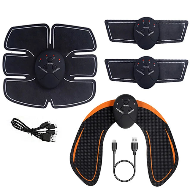 Fitness Electrical Muscle Stimulation USB Recharge Hip Trainer All 10 pieces  shown ( 1 medium pad for abdomen, 2 littles pads, 1 back pad, usb cable, 4 controls box, cables)