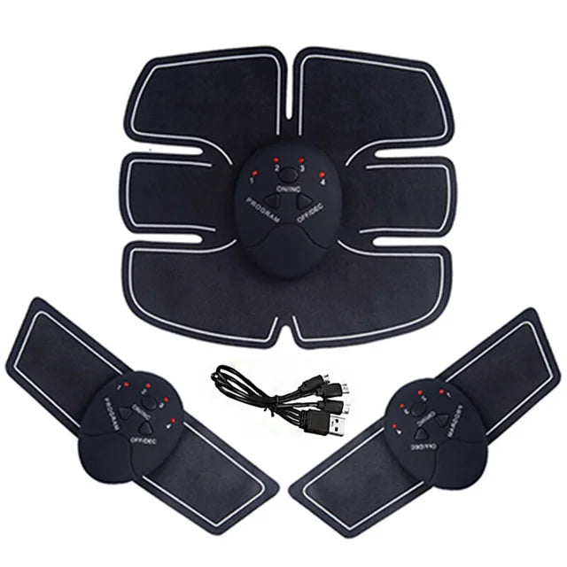 Fitness Electrical Muscle Stimulation USB Recharge Hip Trainer 7 pieces  shown ( 1 medium pad for abdomen, 2 littles pads, usb cables, 3 controls box)