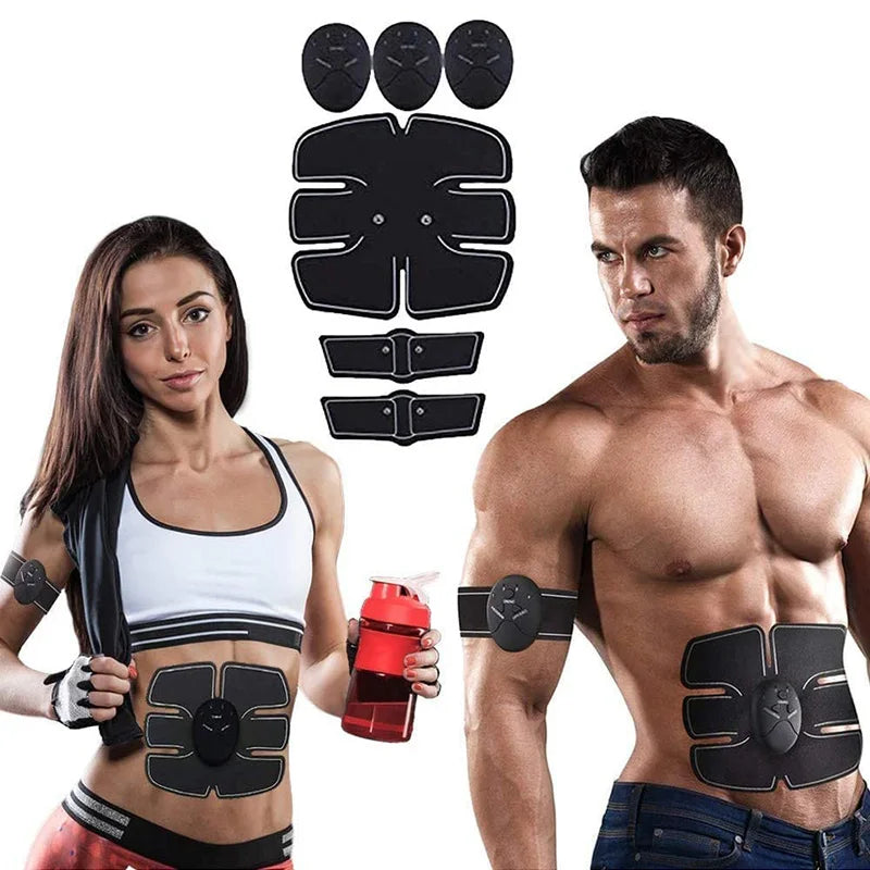 Fitness Electrical Muscle Stimulation USB Recharge Hip Trainer in use by a young couple on their abdomen and left arm muscle