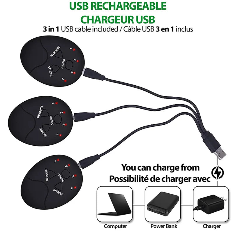 Fitness Electrical Muscle Stimulation USB Recharge Hip Trainer USB rechargeable showing where you can recharge (computer, power bank, recharger)