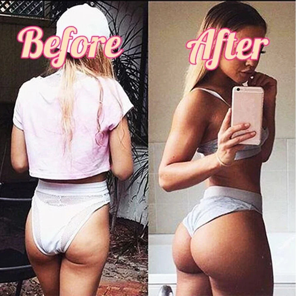 Fitness EMS Abdominal & Hips Electric Muscle Stimulator shown on the bump of a young brown lady before and after use