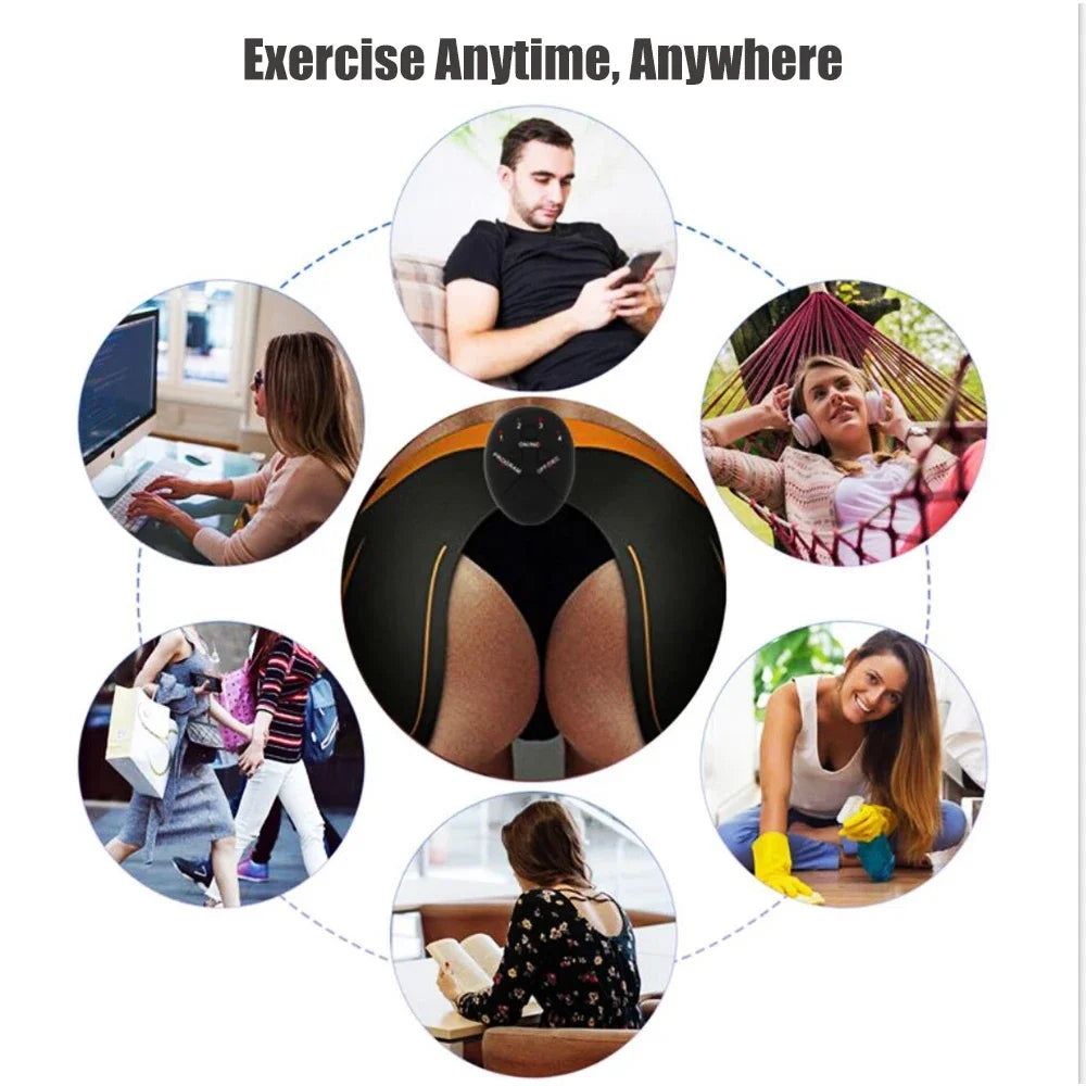 Fitness EMS Abdominal & Hips Electric Muscle Stimulator Hip Trainer shown on the bump of a young lady exercise anytime anywhere
