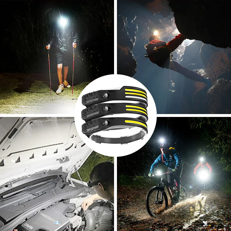 Fitness Headlamp LED Sensor Built-in Battery USB Rechargeable 3 Models shown W689-1-2-3 in use