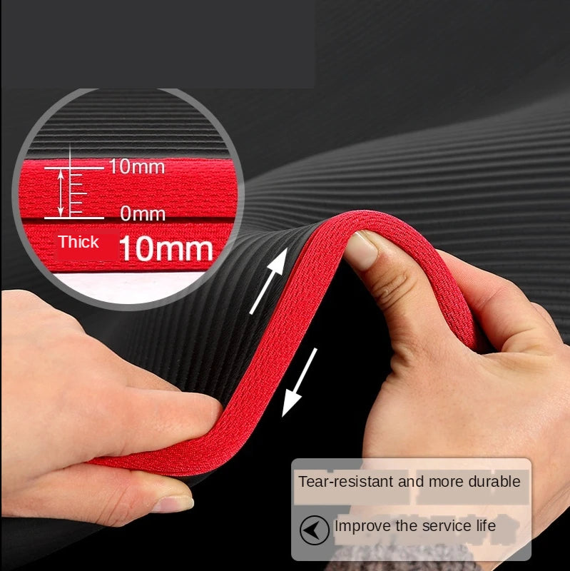 Fitness Non-Slip Yoga Mats (183 cm x 61 cm X 10 mm Thick) workout gym Black colour mat Shown with red side Details of the Thickness Tear-resistant and durable