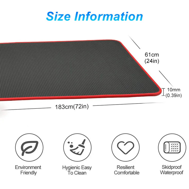 Fitness Non-Slip Yoga Mats (183 cm x 61 cm X 10 mm Thick) workout gym Black colour mat Shown with red sides colour Picture of Size information (environment Friendly, Hygienic Easy to Clan, Resilient, Comfortable, Waterproof, skidproof