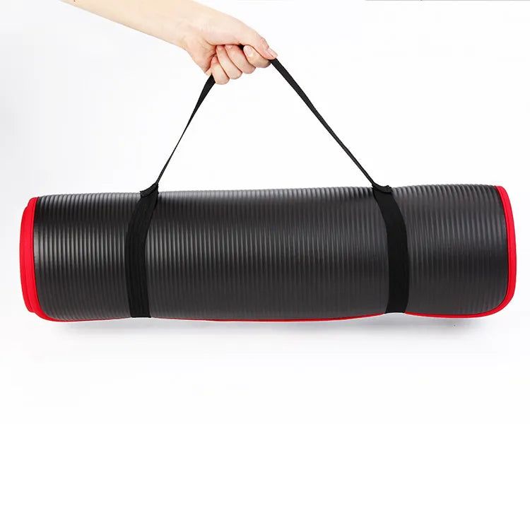Fitness Non-Slip Yoga Mats (183 cm x 61 cm X 10 mm Thick) workout gym Black colour mat Shown with red side shown for transport easy with a strap