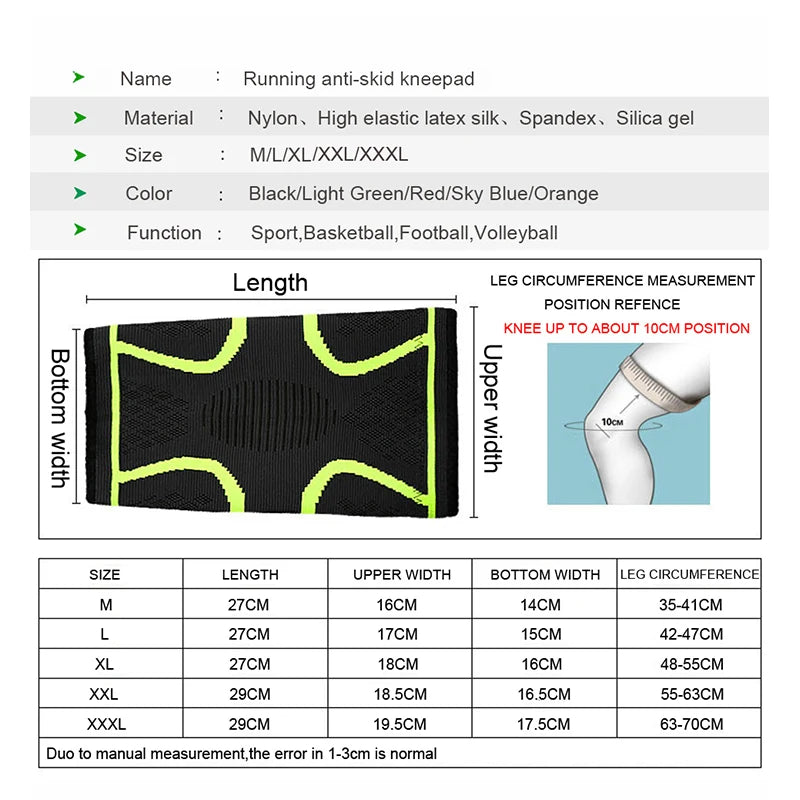 Fitness Running Knee Support Braces (2 Pieces) Black-Green Colour shown with sizes and parameters to choose your size
