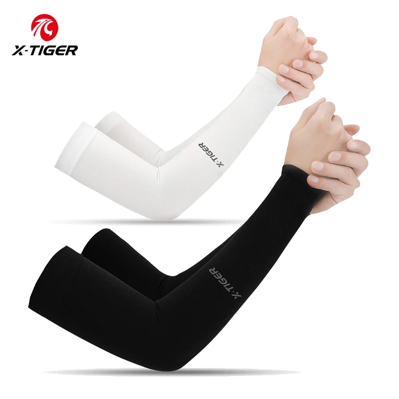 Fitness Unisex TIGER Cycling Arm Sleeves Anti-UV 1 Black Colour pair and 1 White Colour pair shown wear by a young lady (2 pairs offers) No thumbhole