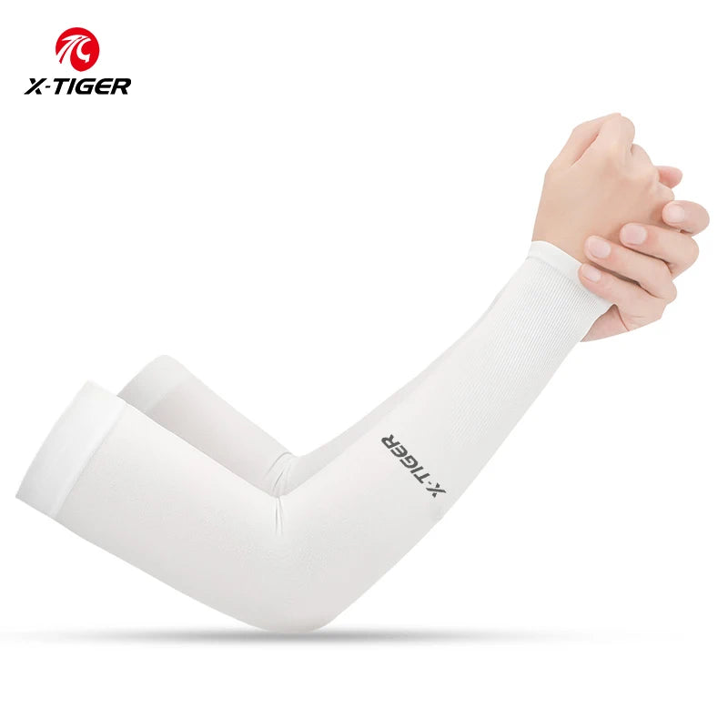 Fitness Unisex TIGER Cycling Arm Sleeves Anti-UV 2 White Colour shown wear by a young lady 1 pair offers with No thumbhole