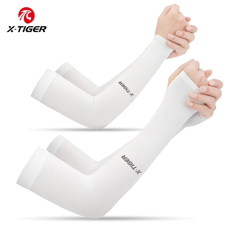 Fitness Unisex TIGER Cycling Arm Sleeves Anti-UV 2 White Colour shown wear by a young lady 2 pairs offers 1 with a thumbhole