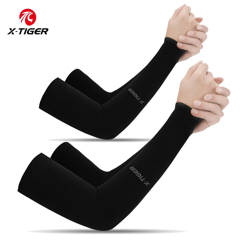 Fitness Unisex TIGER Cycling Arm Sleeves Anti-UV Black Colour shown wear by a young lady 2 pairs offers  2 with No thumbhole