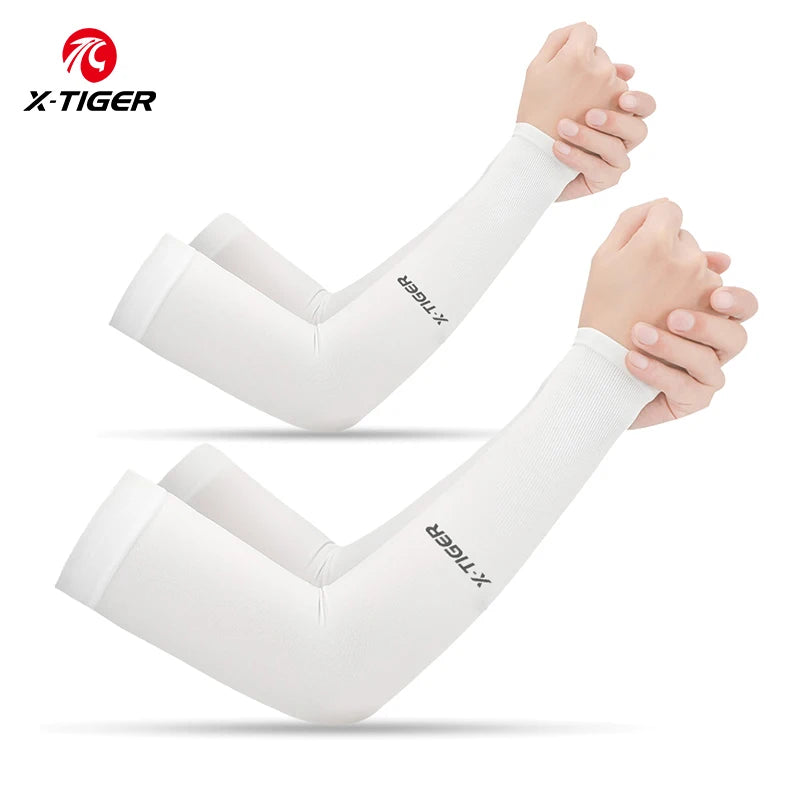 Fitness Unisex TIGER Cycling Arm Sleeves Anti-UV 2 White Colour shown wear by a young lady 2 pairs offers No thumbhole