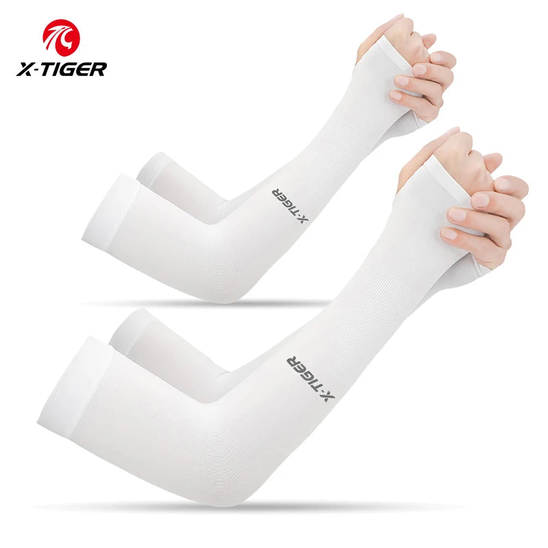 Fitness Unisex TIGER Cycling Arm Sleeves Anti-UV 2 White Colour shown wear by a young lady 2 pairs offers with both thumbhole