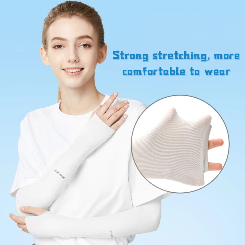 Fitness Unisex TIGER Cycling Arm Sleeves Anti-UV White Colour shown wear by a young lady Strong stretching, more comfortable to wear