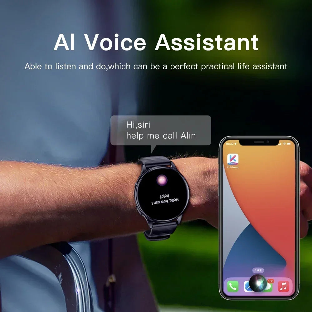 Fitness Waterproof Smartwatch Bluetooth 5.2 AI Voice Assitant Picture show the watch talking