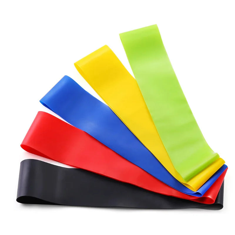 Fitness Yoga CrossFit Resistance Bands, all colour offers shown (Green, blue, yellow, red and black) circle view
