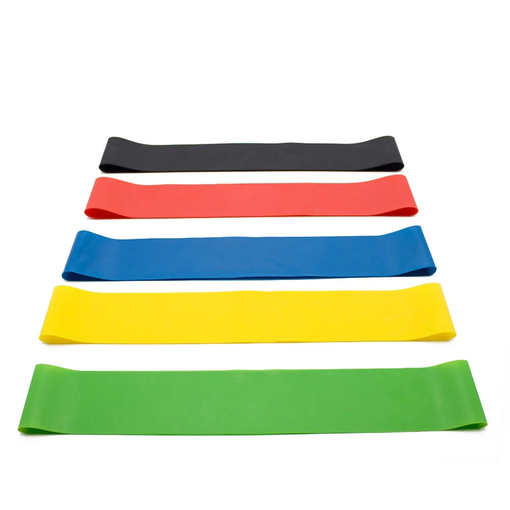 Fitness Yoga CrossFit Resistance Bands, all colour offers shown (Green, blue, yellow, red and black) flat view