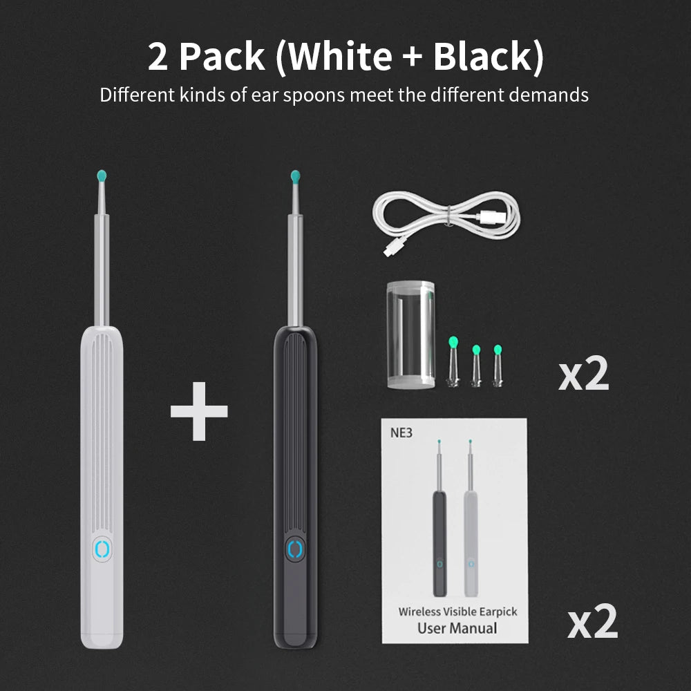 Health care product High Precision Ear Cleaner LED Light 2 Pack (white and Black) offers user manual, USB cable, all pieces shown but no box included