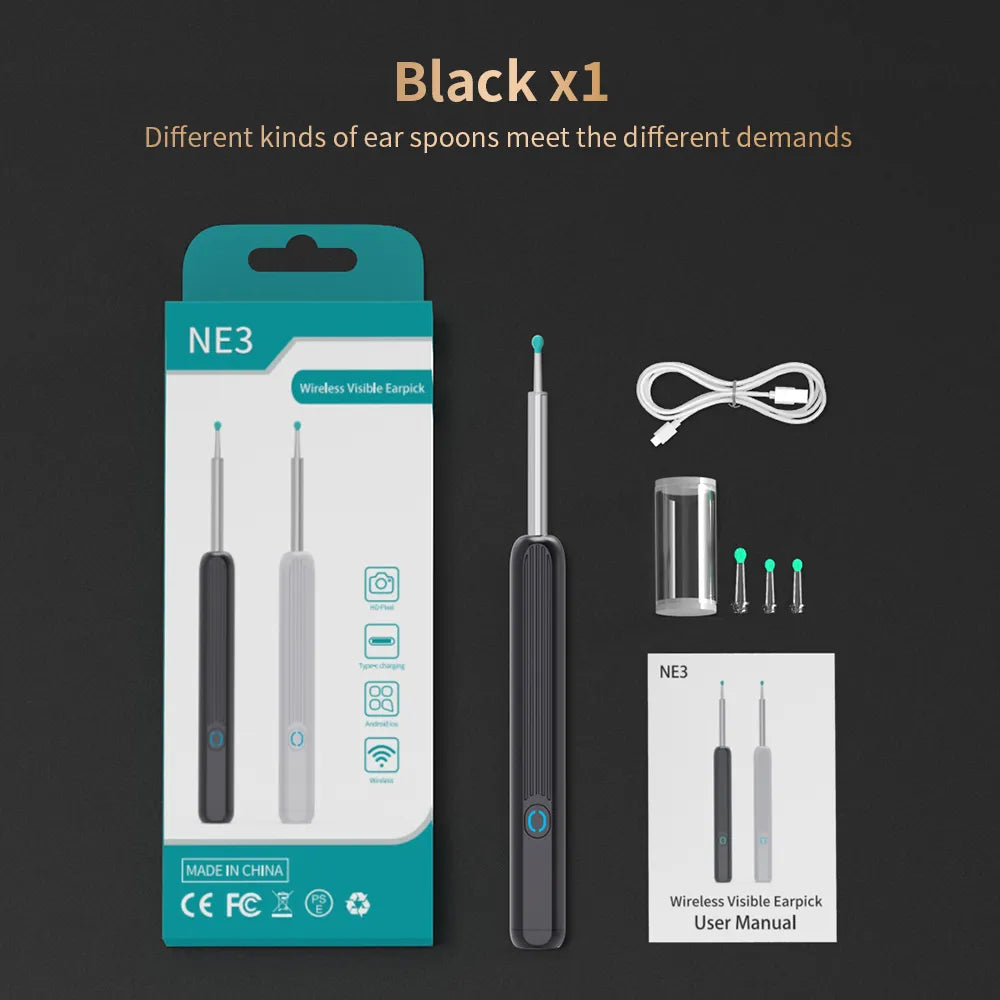 Health care product High Precision Ear Cleaner LED Light all pieces shown with box for the 1 Black Colour only offers