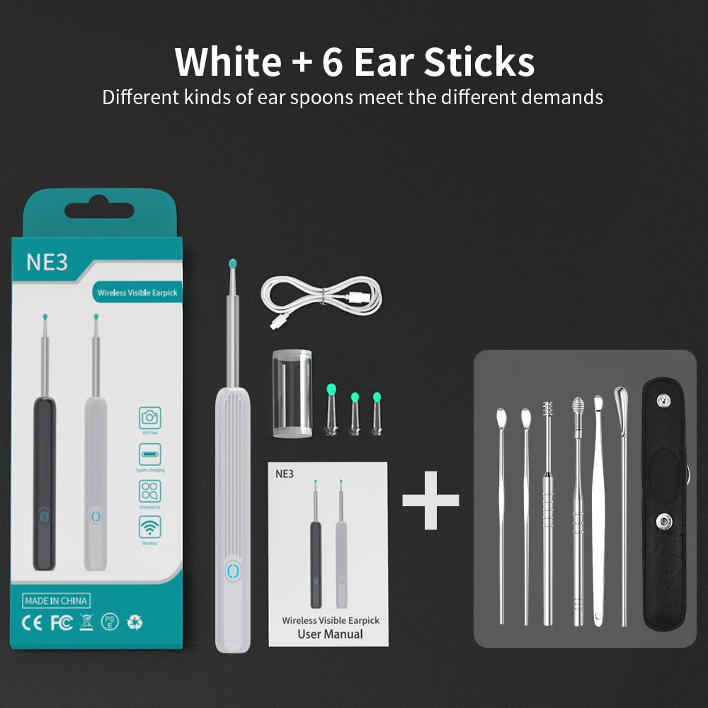 Health care product High Precision Ear Cleaner LED Light all pieces shown with box for the 1 White Colour Plus 6 ear sticks offers
