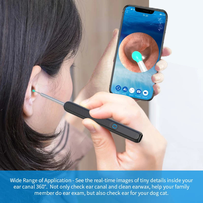 Health care product High Precision Ear Cleaner LED Light use by a woman in her right ear view by phone application