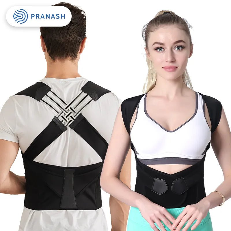 Health care products Adjustable Back Posture Corrector Belt Unisex Picture shown a man wear the belt from is back and a woman wearing it by the front.