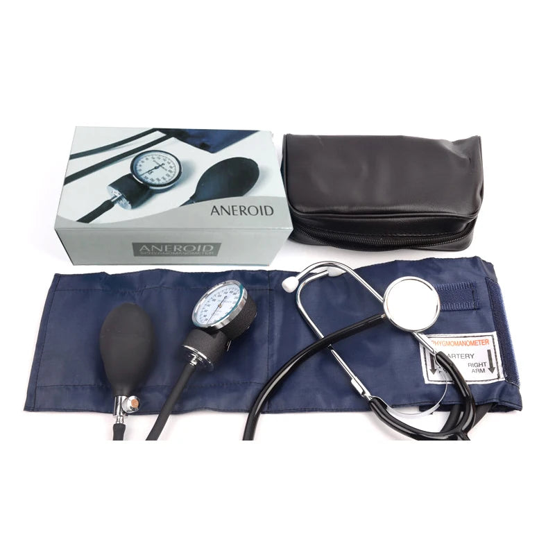 Health care products Blood Pressure Monitor Upper Arm Manometer all pieces shown (leather storage bag, Blood Pressure Monitor, Box) Other view with open air bag