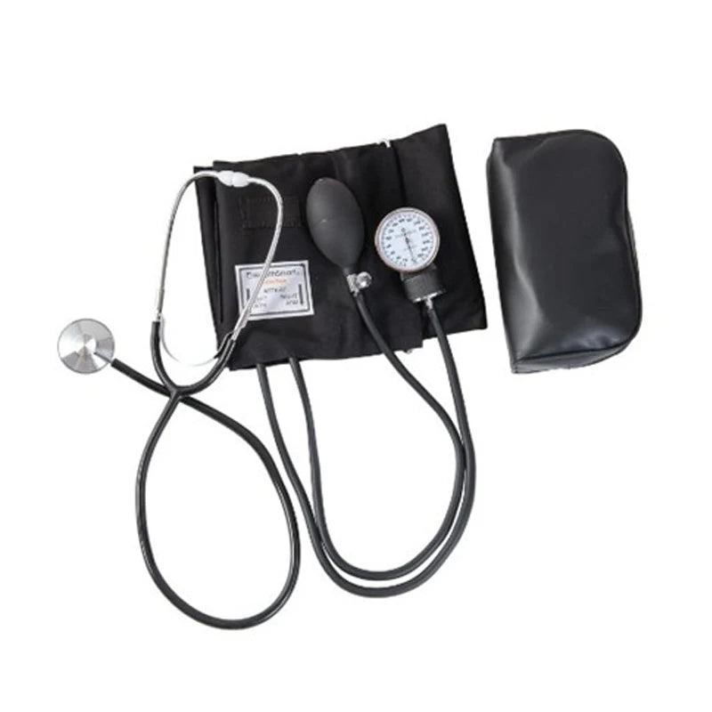 Health care products Blood Pressure Monitor Upper Arm Manometer let on an open airbag, near the black leather storage bag