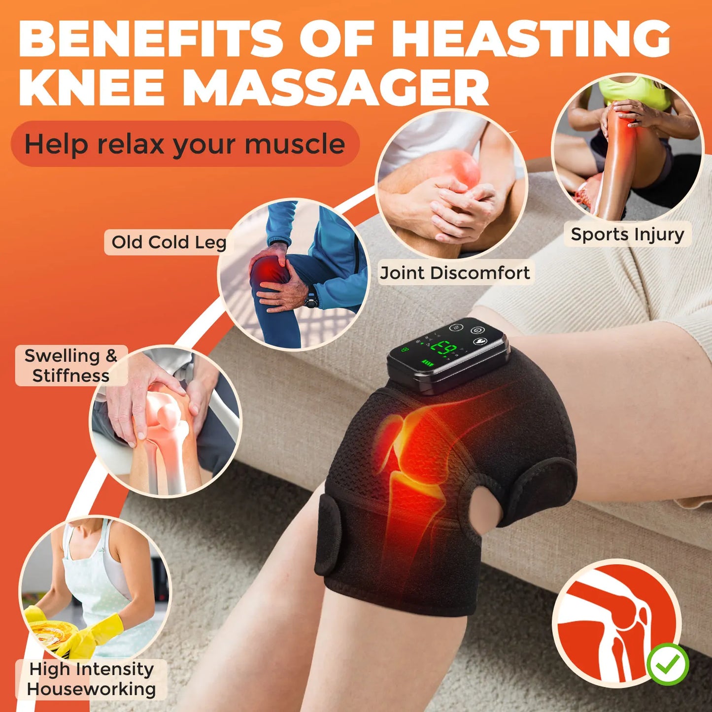 Health care products Heated Vibration knee Massager 1 shown wear at a woman left knee in the drawing Benefits of wearing knee massager, joint discomfort, Sports injury, cold leg, swelling & stiffness
