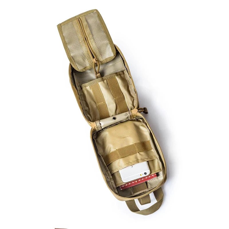 Health care products Medical Portable Tactical First-Aid Bag. Beige Colour Open Bag with small red cross on the top show the space available inside