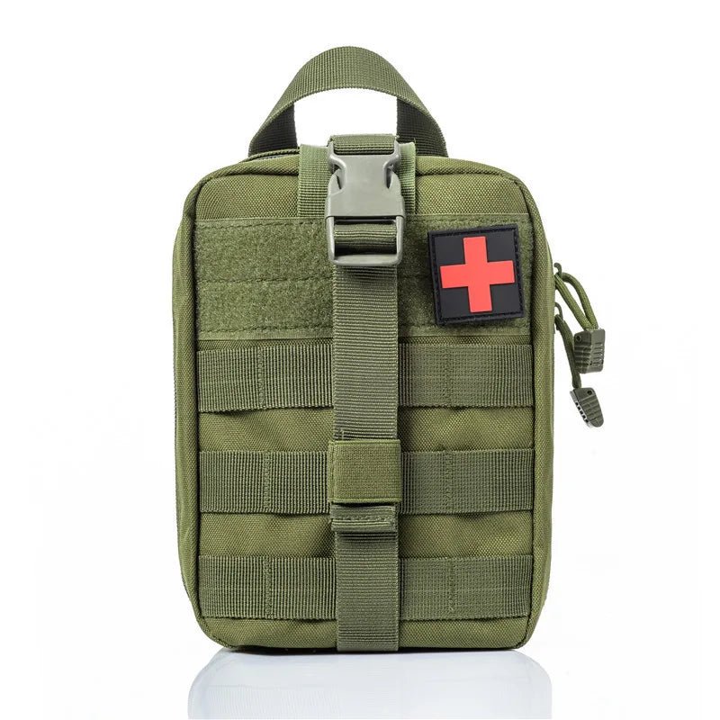 Health care products Medical Portable Tactical First-Aid Bag.  Green Colour Close bag shown with small red cross on the top