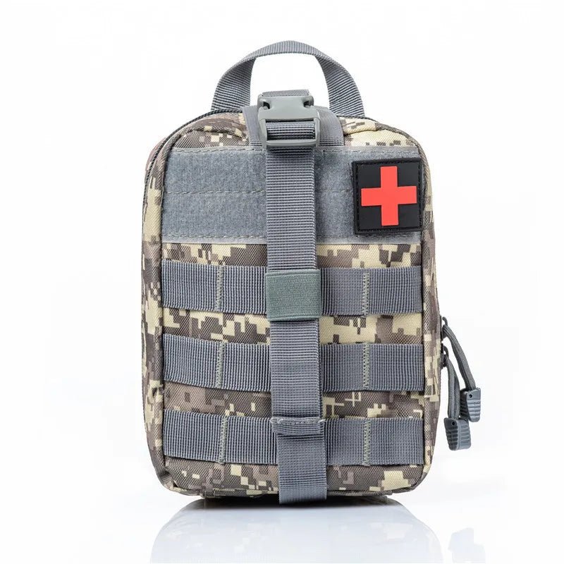 Health care products Medical Portable Tactical First-Aid Bag.  Khaky Camouflage Colour Close bag shown with small red cross on the top