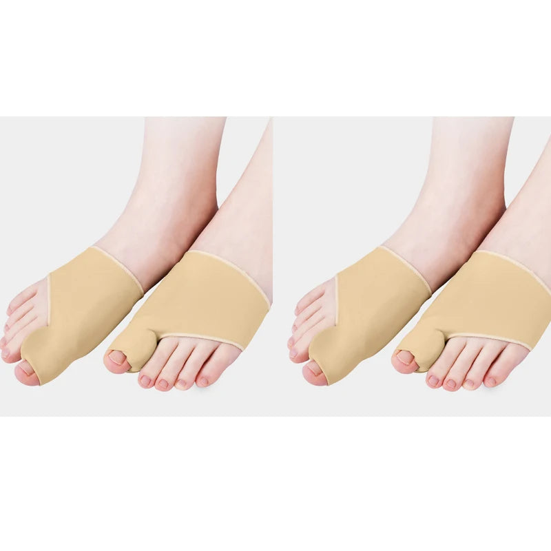 Health care products Orthopaedic Big Toe Straightener Corrector wear on two women on their right and left feet Beige Colour tissue (4 pieces)