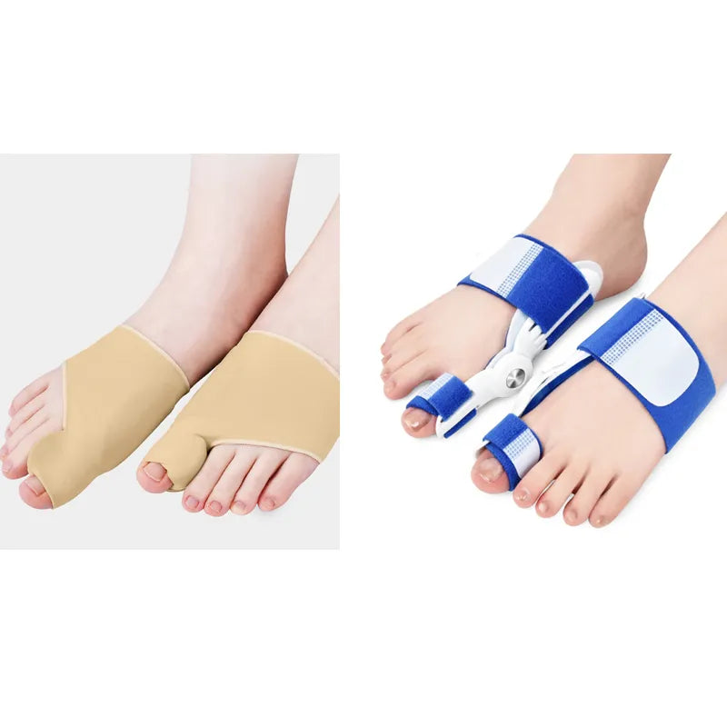 Health care products Orthopaedic Big Toe Straightener Corrector wear on two women on their right and left feet Blue Colour tissue (2 pieces) and Beige Colour tissue (2 pieces)
