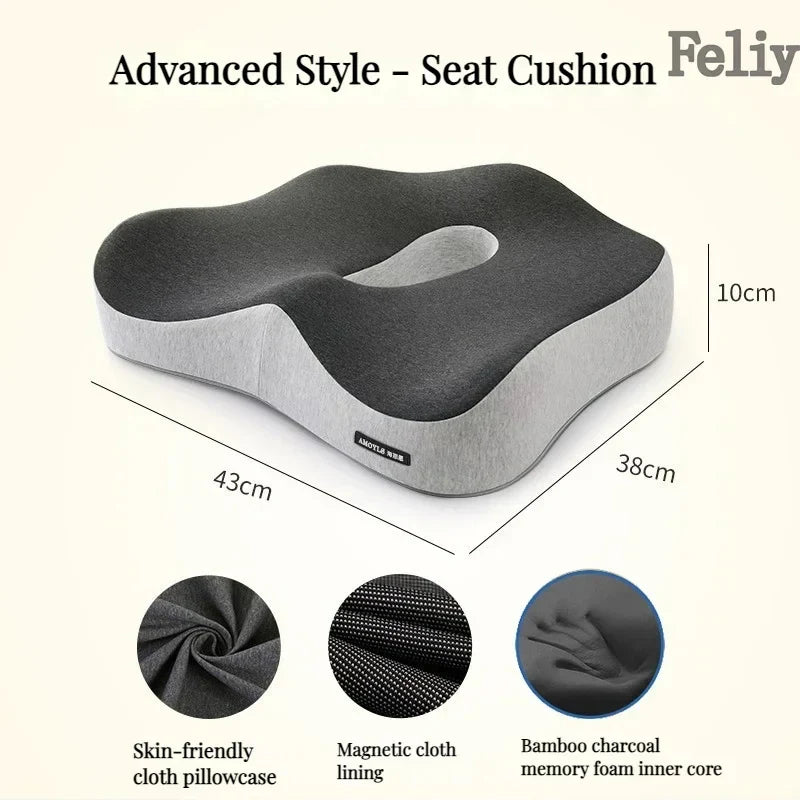 Health care products Orthopaedic Memory Foam Office Chair or Car Seat, Dark Grey and Light grey design Picture of the advanced style - Seat Cushion with all details, size, skin-friendly cloth pillowcase, magnetic cloth lining, bamboo charcoal memory foam inner core