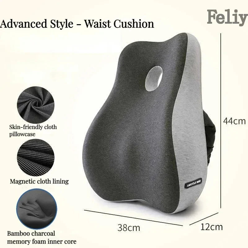 Health care products Orthopaedic Memory Foam Office Chair or Car Seat, Dark Grey and Light grey design Picture of the advanced style - Waist Cushion with all details, size, skin-friendly cloth pillowcase, magnetic cloth lining, bamboo charcoal memory foam inner core