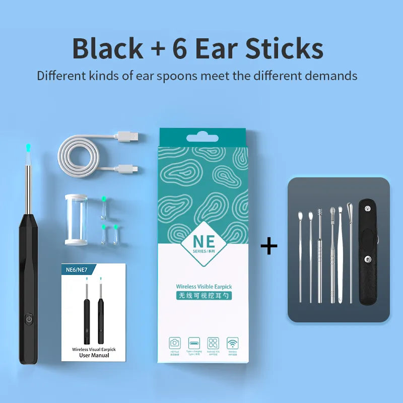 Health care products Otoscope Ear Cleaner Luminous Axis Smart Black Colour Gyroscope manual instruction USB cable, Box, 3 items + 6 Ear Sticks shown